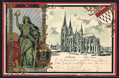 Passepartout-Lithographie Köln, Dom mit Germania und Wappen