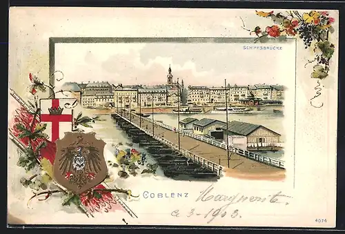 Passepartout-Lithographie Coblenz, Flusspartie mit Schiffsbrücke, Wappen