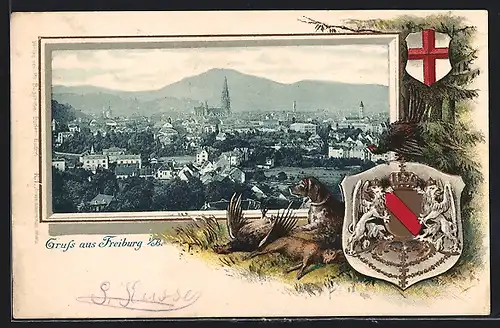 Passepartout-Lithographie Freiburg i. B., Panoramablick auf die Stadt, Wappen und Jagdhund