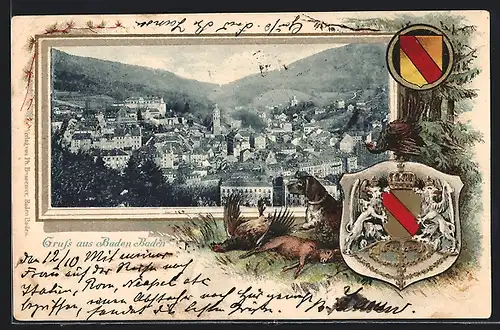 Passepartout-Lithographie Baden-Baden, Totalansicht mit Wappen