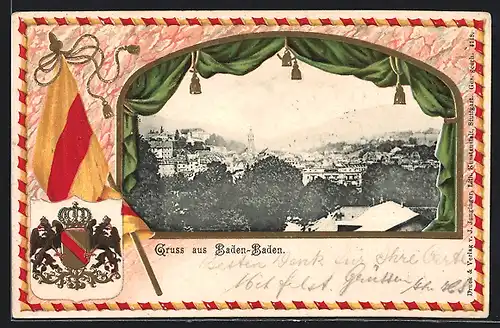 Passepartout-Lithographie Baden-Baden, Totalansicht mit Wappen