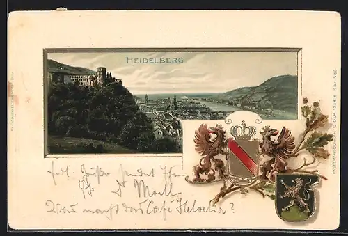 Passepartout-AK Heidelberg, Totalansicht, Wappen