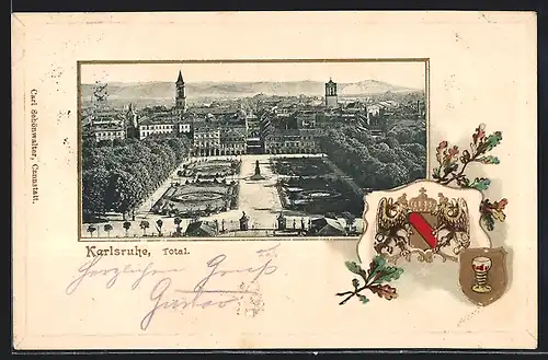 Passepartout-Lithographie Karlsruhe, Totalansicht mit Wappen