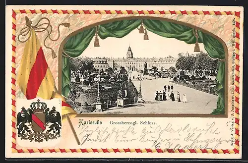Passepartout-Lithographie Karlsruhe, Auffahrt zum Grossherz. Schloss, Wappen