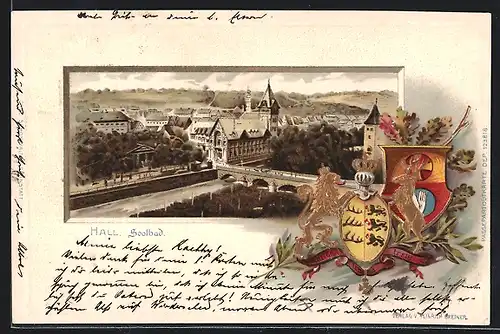 Passepartout-Lithographie Hall, Gesamtansicht und Wappen