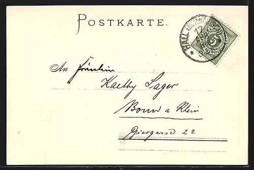 Passepartout-Lithographie Hall, Gesamtansicht und Wappen