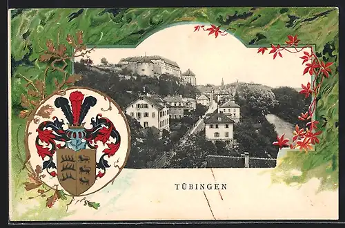 Passepartout-Lithographie Tübingen, Ortsansicht mit Wappen