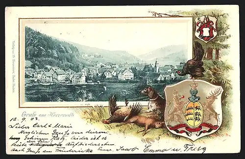 Passepartout-Lithographie Herrenalb, Panorama mit Gebirgszug, Wappen