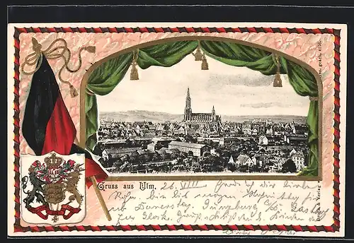 Passepartout-Lithographie Ulm, Totalansicht mit Wappen