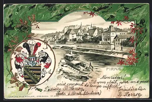 Passepartout-Lithographie Pirna, Flusspartie mit Wappen