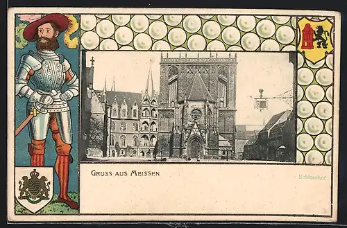 Passepartout-Lithographie Meissen, Schlosshof, Wappen