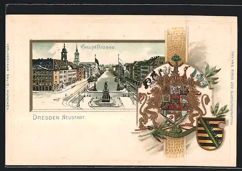 Passepartout-Lithographie Dresden-Neustadt, Blick in die Hauptstrasse, Wappen