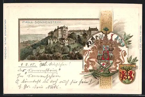 Passepartout-Lithographie Pirna, Schloss Sonnenstein, Stadt-Wappen