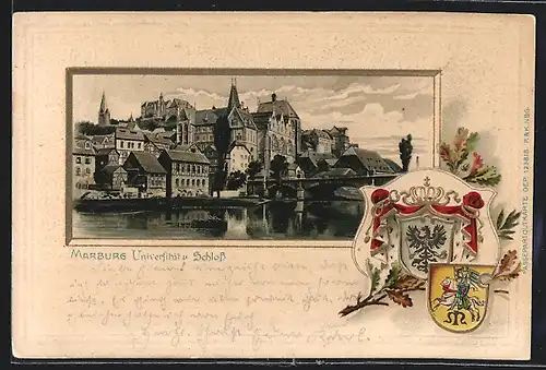 Passepartout-Lithographie Magdeburg, Universität und Schloss, Wappen