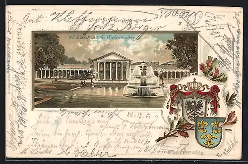 Passepartout-Lithographie Wiesbaden, Colonnaden, Wappen