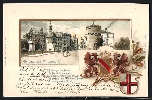 Passepartout-Lithographie Freiburg / Breisgau, Strassenansicht mit Denkmal, Ortswappen