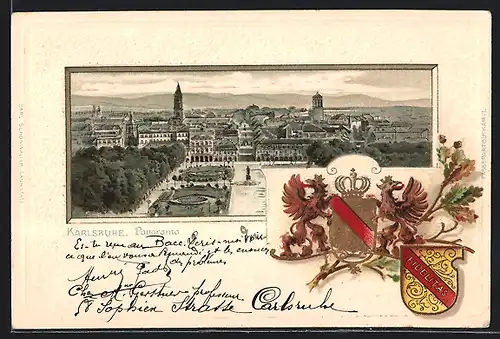 Passepartout-Lithographie Karlsruhe, Panorama, Wappen