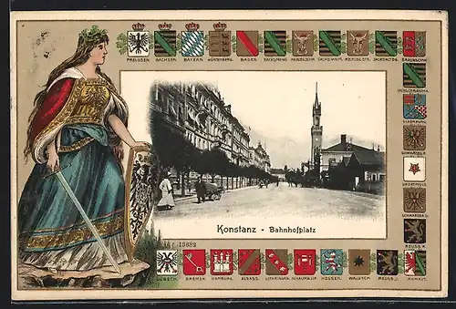 Passepartout-Lithographie Konstanz, Bahnhofsplatz, Wappen