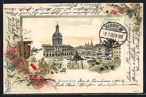 Passepartout-Lithographie Mannheim, Paradeplatz und Wappen