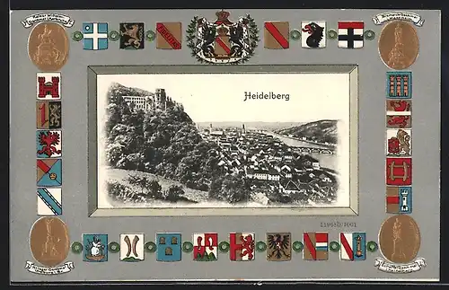 Passepartout-Lithographie Heidelberg, Stadtpanorama aus der Vogelschau, Wappen