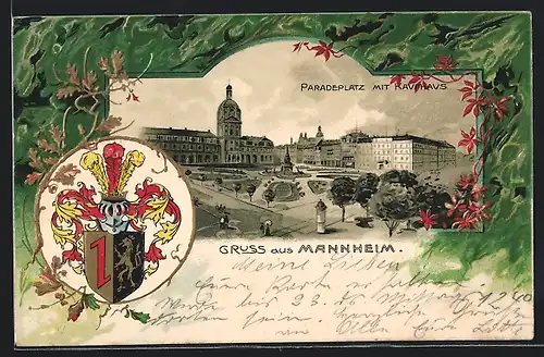 Passepartout-Lithographie Mannheim, Paradeplatz mit Kaufhaus, Wappen