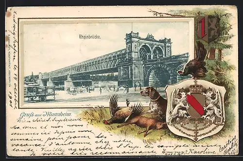Passepartout-Lithographie Mannheim, Rheinbrücke, Wappen