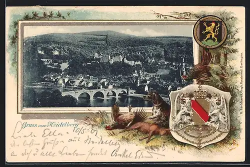 Passepartout-Lithographie Heidelberg, Totalansicht aus der Vogelschau, Wappen