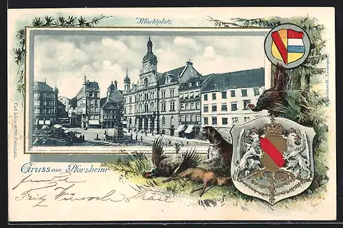 Passepartout-Lithographie Pforzheim, Marktplatz mit Denkmal, Wappen