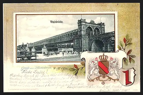 Passepartout-Lithographie Mannheim, Rheinbrücke, Wappen
