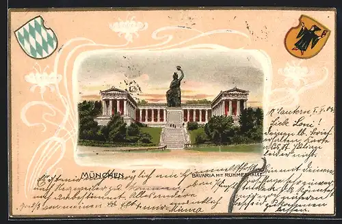 Passepartout-Lithographie München, Bavaria mit Ruhmeshalle, Wappen