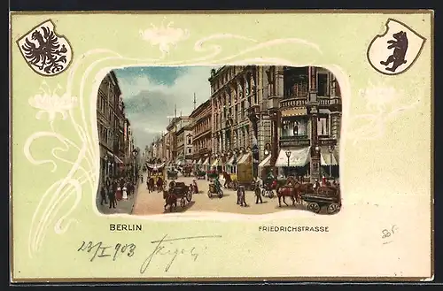 Lithographie Berlin, Friedrichstrasse Ecke Leipziger Strasse m. Pferdekutschen