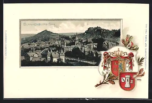 Passepartout-Lithographie Blankenburg /Harz, Ortsansicht aus der Vogelschau, Wappen