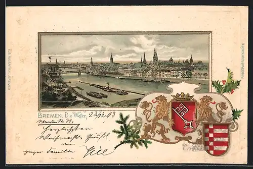 Passepartout-Lithographie Bremen, Die Weser mit Booten, Wappen