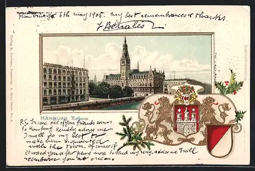 Passepartout-Lithographie Hamburg, Blick zum Rathaus, Wappen