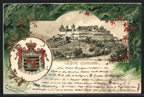 Passepartout-Lithographie Coburg, Veste Coburg & Wappen