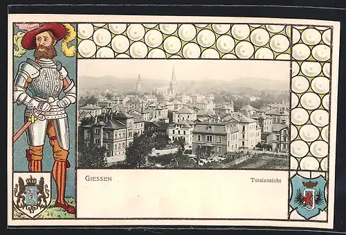 Passepartout-Lithographie Giessen, Totalansicht, Wappen