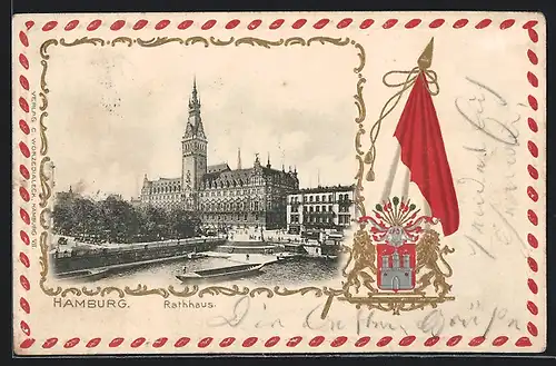 Passepartout-Lithographie Hamburg, Blick zum Rathaus, Wappen