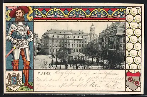 Passepartout-Lithographie Mainz, Schillerplatz, Wappen