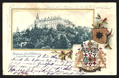 Passepartout-Lithographie Bad Wildungen, Blick auf Schloss Friedrichstein, Wappen