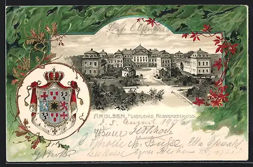 Passepartout-Lithographie Arolsen, Fürstliches Residenzschloss mit Strasse, geprägtes Wappen
