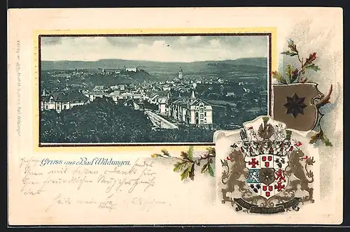 Passepartout-Lithographie Bad Wildungen, Totalansicht mit Wappen