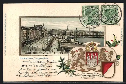 Passepartout-Lithographie Hamburg-Neustadt, Jungfernstieg mit Booten, Wappen