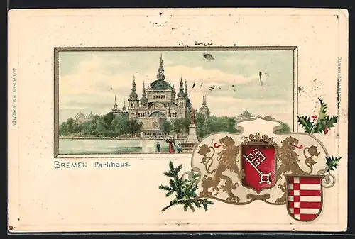 Passepartout-Lithographie Bremen, Blick zum Parkhaus, Wappen