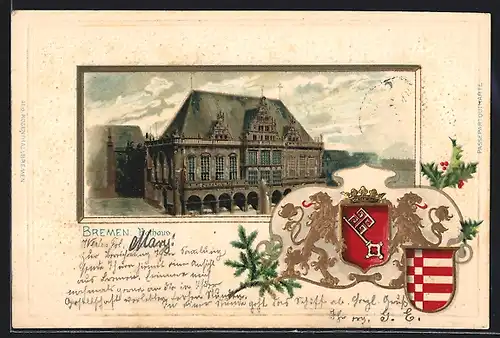 Passepartout-Präge-Lithographie Bremen, Rathaus mit Wappen, Die besten Glückwünsche zum neuen Jahre