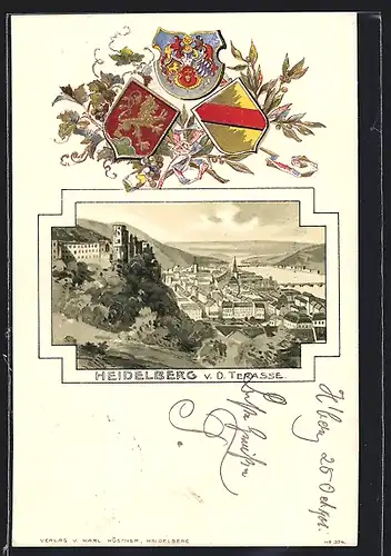 Passepartout-Lithographie Heidelberg, Teilansicht v. d. Terrasse aus gesehen, Wappen