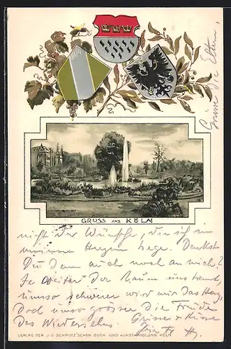 Passepartout-Lithographie Köln-Lindenthal, Partie im Stadtpark, Wappen