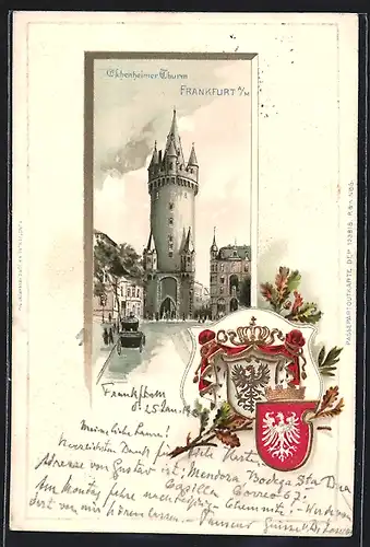 Passepartout-Lithographie Frankfurt /Main, Strassenpartie am Eschenheimer Thurm, Wappen