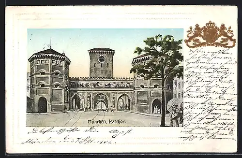 AK München, Blick zum Isarthor, Wappen