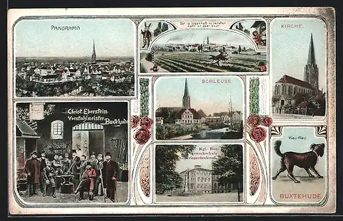 AK Buxtehude, Schleuse, Kirche, Kgl. Bau und Kriegerdenkmal, Ortspanorama