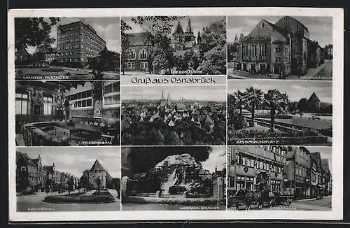 AK Osnabrück, Kranken-Anstalten, Friedenssaal, Kaiserwall, Nationaltheater, Harmann-Brunnen, Rissmüllerplatz